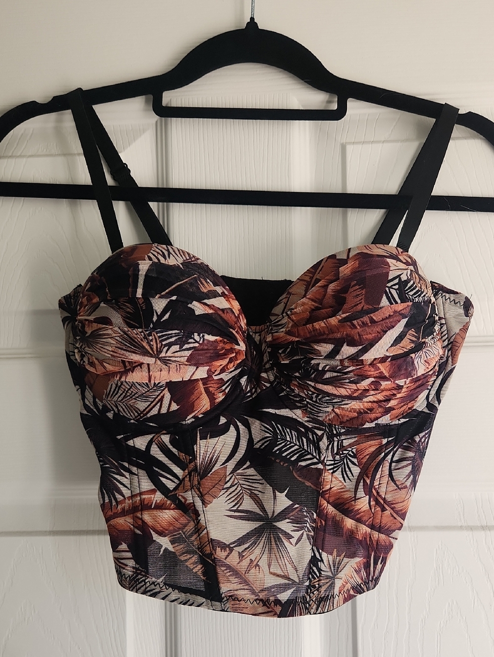 GG Collection Tropical Leaf Bustier Crop Top in Black & Brown